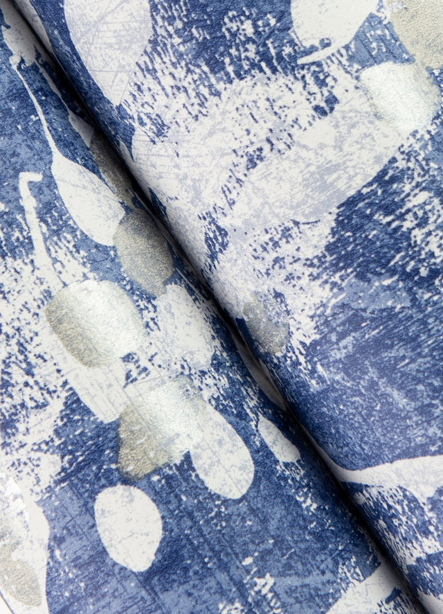Dori Blue Painterly Floral Wallpaper with Metallic Abstract Botanical Motif - Advantage 2980-26187