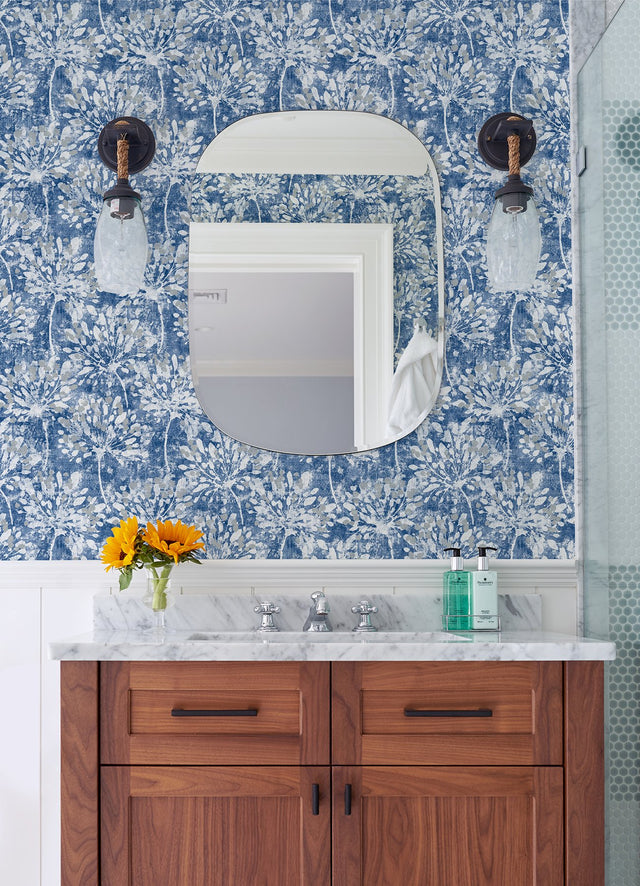 Dori Blue Painterly Floral Wallpaper with Metallic Abstract Botanical Motif - Advantage 2980-26187