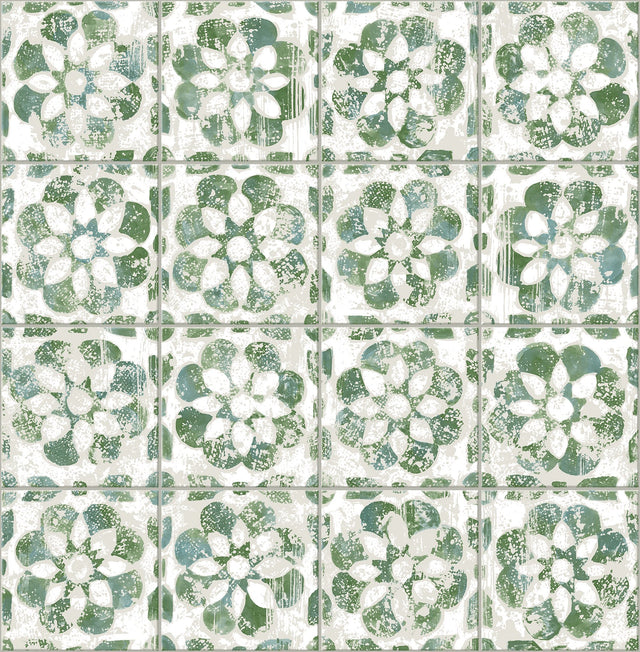 Izeda Green Floral Tile Wallpaper with Global Tile Motif - Advantage 2980-26193