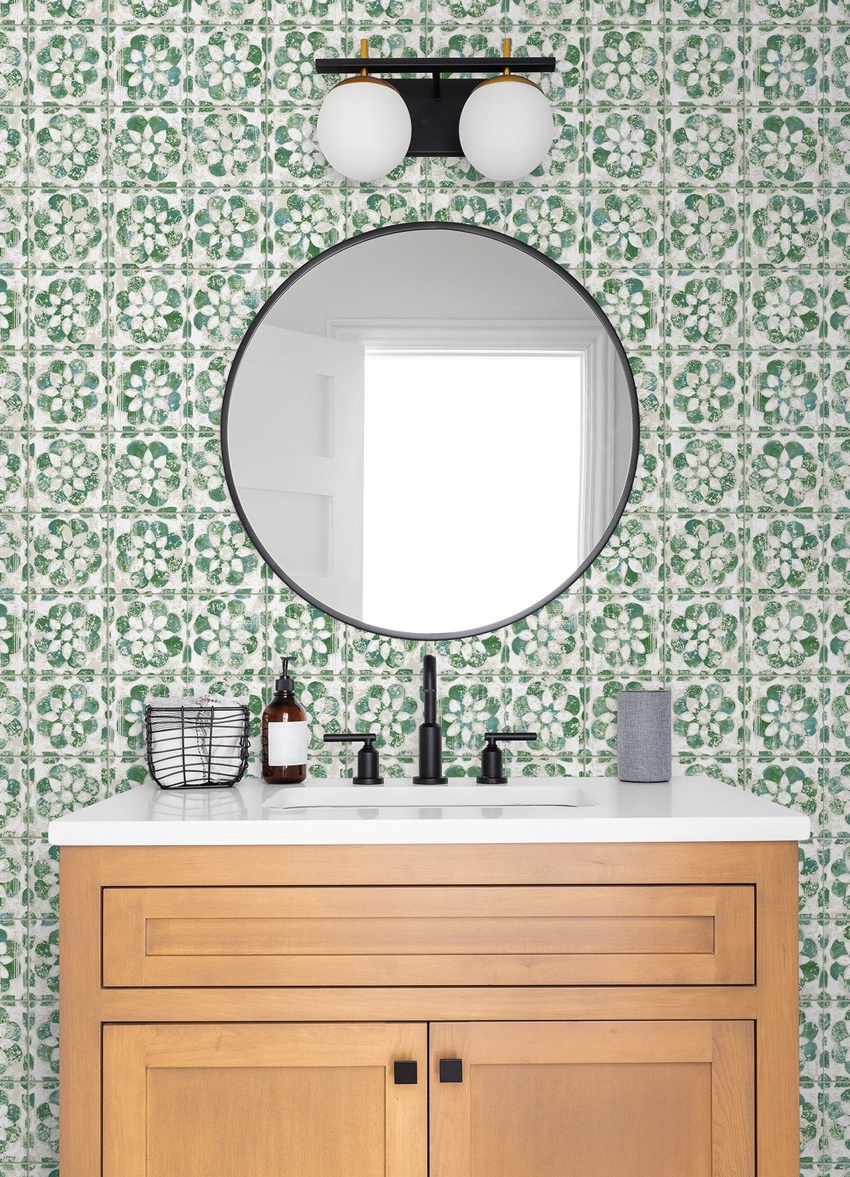 Izeda Green Floral Tile Wallpaper with Global Tile Motif - Advantage 2980-26193