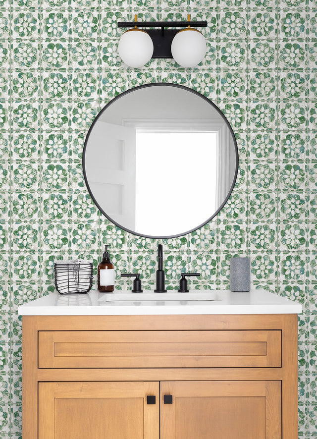 Izeda Green Floral Tile Wallpaper with Global Tile Motif - Advantage 2980-26193