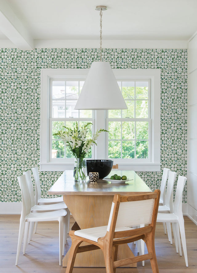 Izeda Green Floral Tile Wallpaper with Global Tile Motif - Advantage 2980-26193