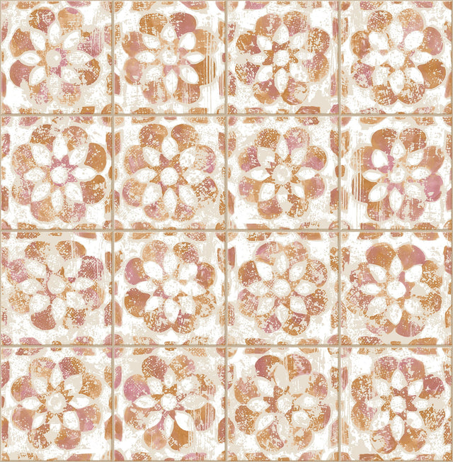 Izeda Coral Floral Tile Wallpaper with Global Floral Medallion Pattern - Advantage 2980-26194