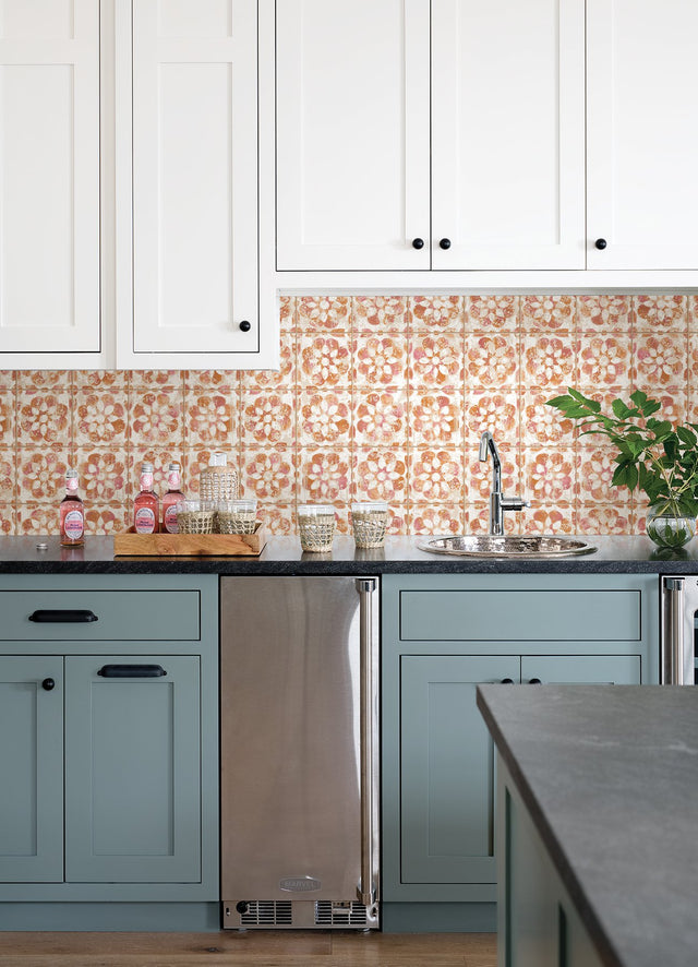 Izeda Coral Floral Tile Wallpaper with Global Floral Medallion Pattern - Advantage 2980-26194