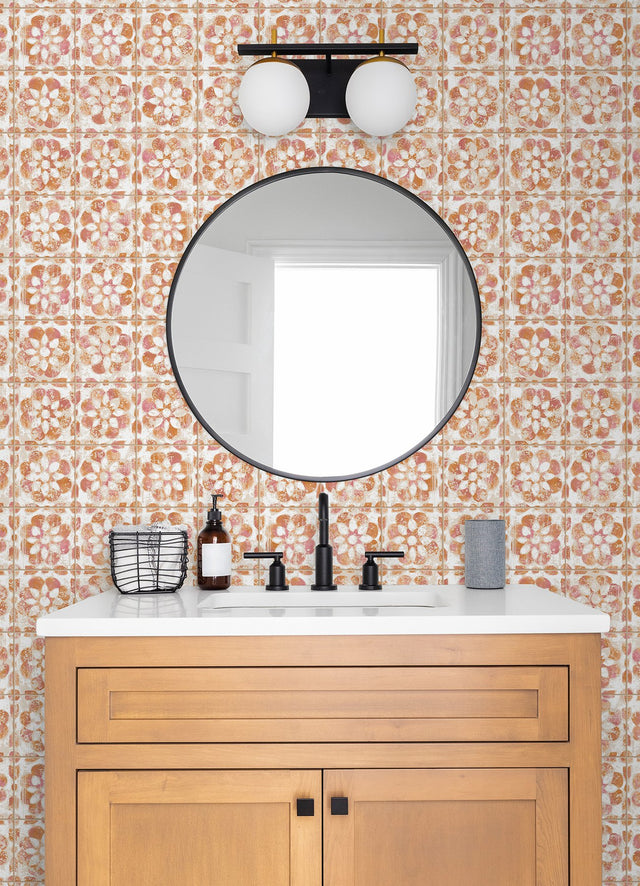 Izeda Coral Floral Tile Wallpaper with Global Floral Medallion Pattern - Advantage 2980-26194
