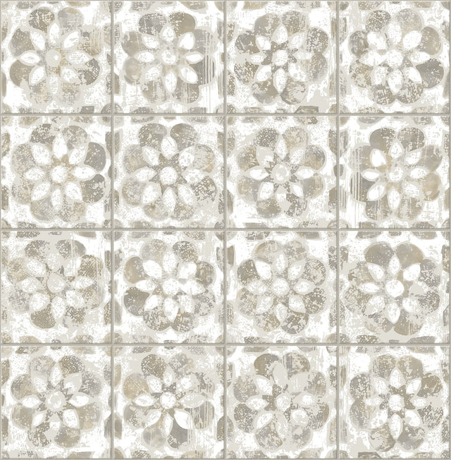 Izeda Taupe Floral Tile Wallpaper with Traditional Global Tile Motif - Advantage 2980-26195