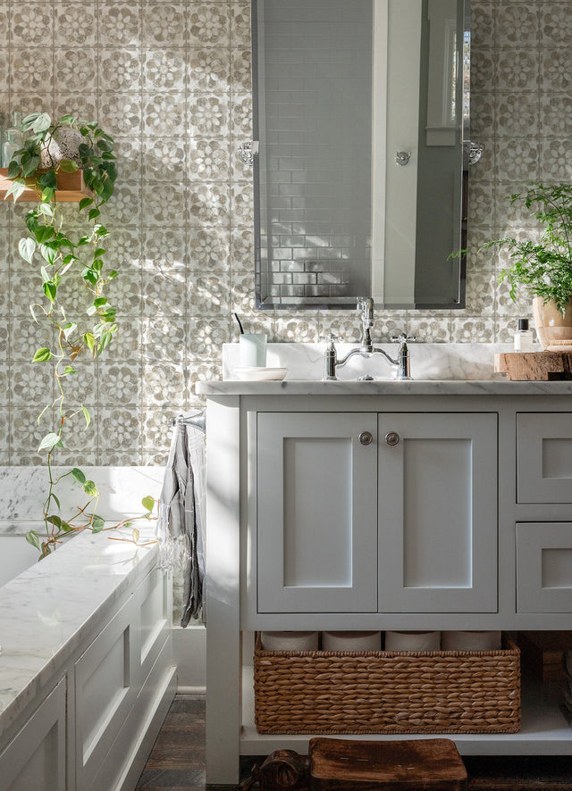 Izeda Taupe Floral Tile Wallpaper with Traditional Global Tile Motif - Advantage 2980-26195