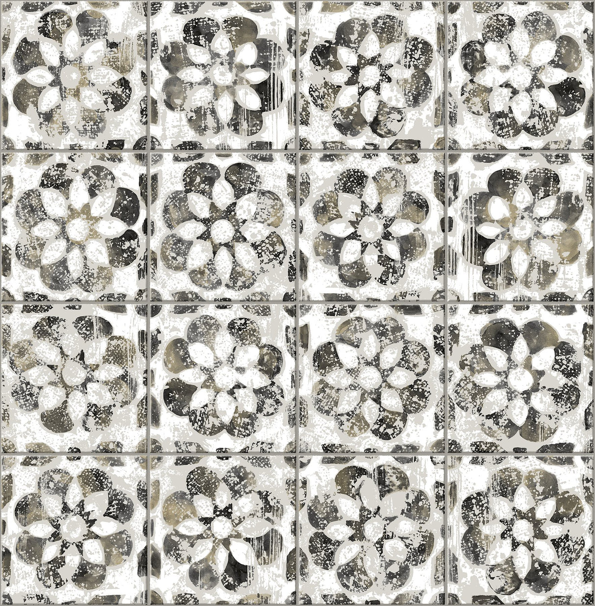 Izeda Black Floral Tile Wallpaper with Distressed Global Tile Motif - Advantage 2980-26196