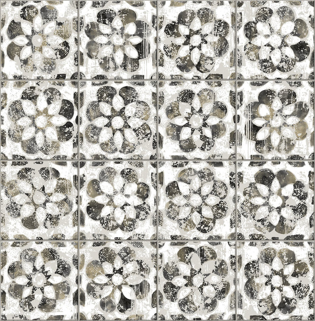 Izeda Black Floral Tile Wallpaper with Distressed Global Tile Motif - Advantage 2980-26196