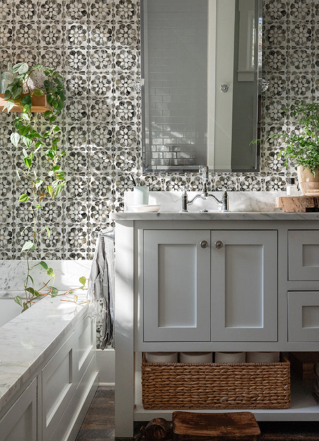 Izeda Black Floral Tile Wallpaper with Distressed Global Tile Motif - Advantage 2980-26196
