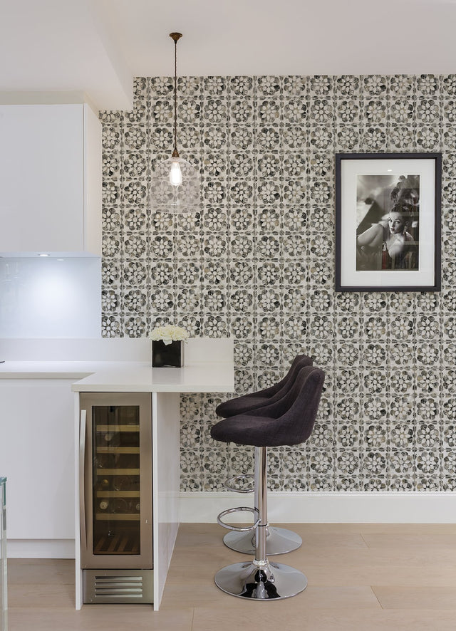 Izeda Black Floral Tile Wallpaper with Distressed Global Tile Motif - Advantage 2980-26196