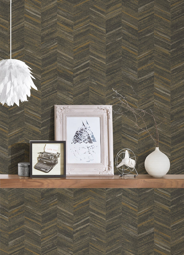 Tatlin Brown Chevron Wallpaper with Farmhouse Graphics Pattern - Brewster 2980-38309-7