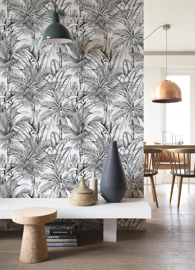 Serra White Palm Wallpaper in White with Textured Tropical Botanical Palm Pattern - Advantage 2980-478013