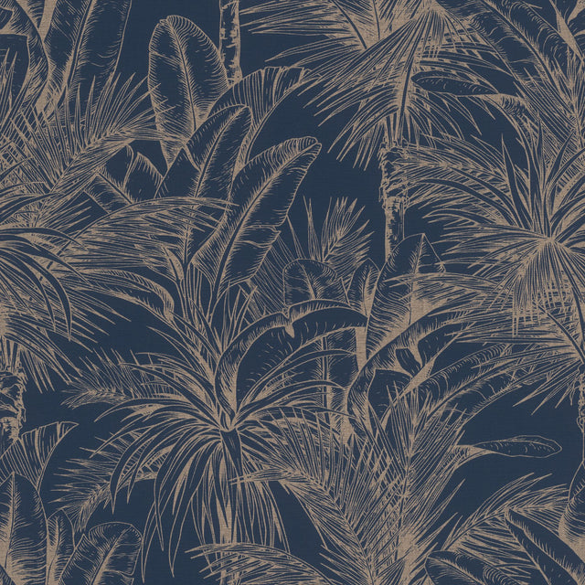Serra Dark Blue Palm Wallpaper with Metallic Botanical Palm Outline - Advantage 2980-478044