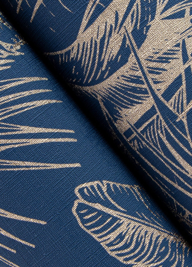 Serra Dark Blue Palm Wallpaper with Metallic Botanical Palm Outline - Advantage 2980-478044
