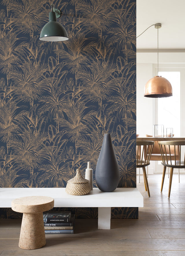 Serra Dark Blue Palm Wallpaper with Metallic Botanical Palm Outline - Advantage 2980-478044