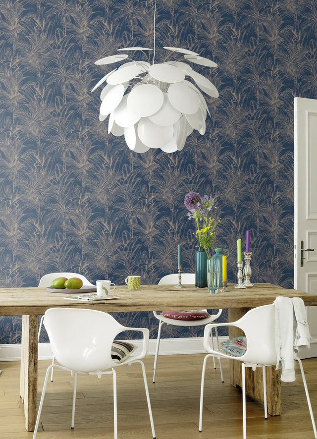 Serra Dark Blue Palm Wallpaper with Metallic Botanical Palm Outline - Advantage 2980-478044