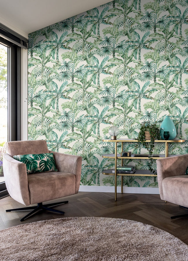 Calle White Tropical Wallpaper with Botanical Palm Motif, Raised Ink Textured - Advantage 2980-485240