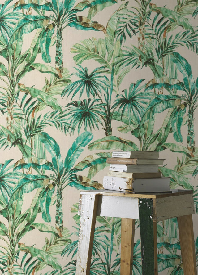 Calle White Tropical Wallpaper with Botanical Palm Motif, Raised Ink Textured - Advantage 2980-485240