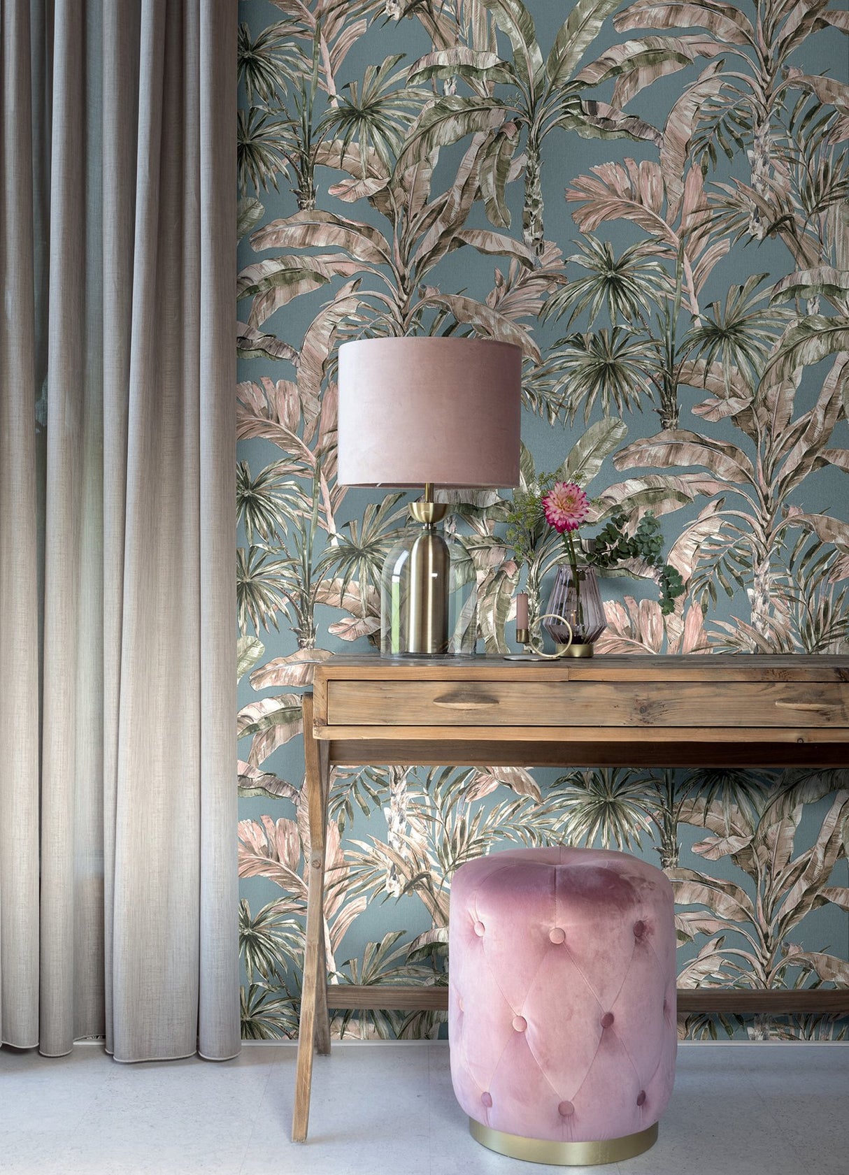 Calle Light Blue Tropical Wallpaper with Botanical Palm Motif, Raised Ink Textured - Advantage 2980-485257