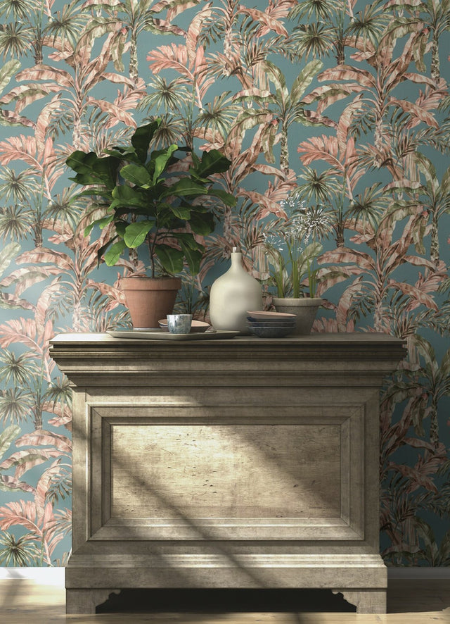 Calle Light Blue Tropical Wallpaper with Botanical Palm Motif, Raised Ink Textured - Advantage 2980-485257