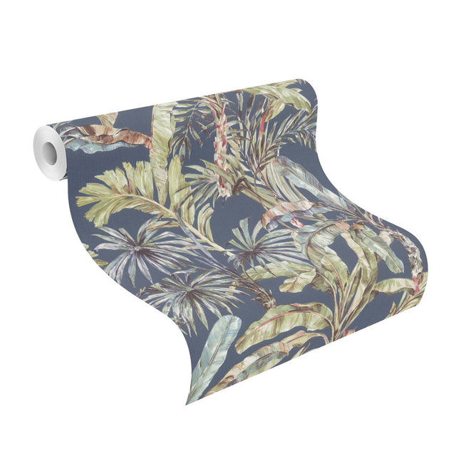 Calle Blue Tropical Textured Wallpaper with Botanical Palm Motif - Advantage 2980-485288
