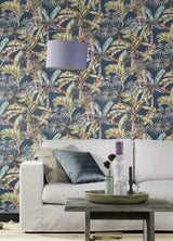 Calle Blue Tropical Textured Wallpaper with Botanical Palm Motif - Advantage 2980-485288