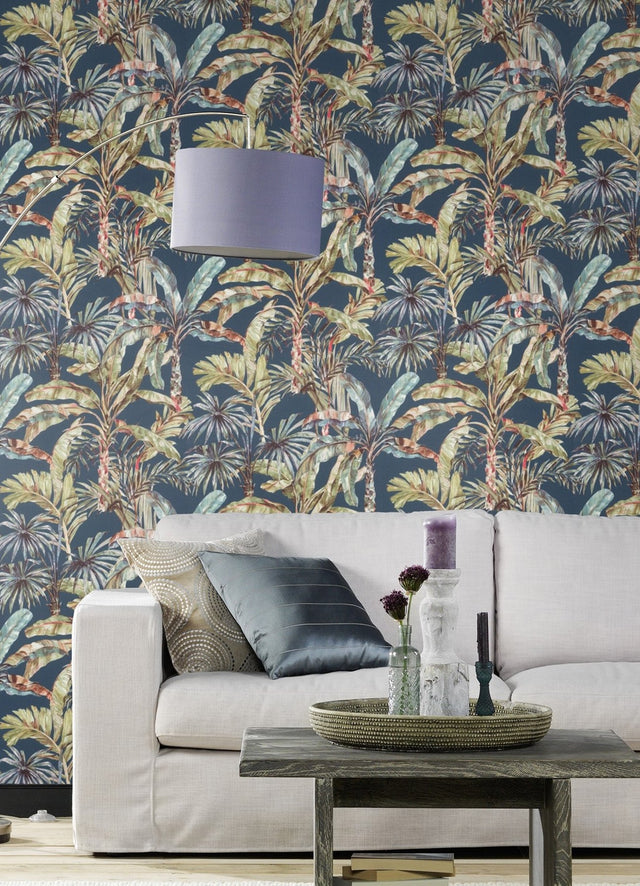 Calle Blue Tropical Textured Wallpaper with Botanical Palm Motif - Advantage 2980-485288