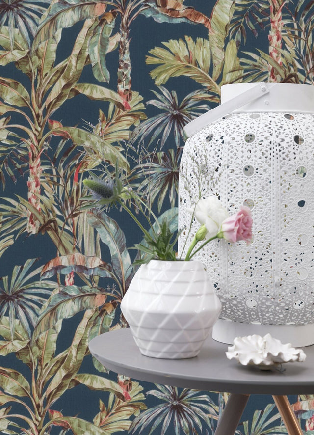 Calle Blue Tropical Textured Wallpaper with Botanical Palm Motif - Advantage 2980-485288