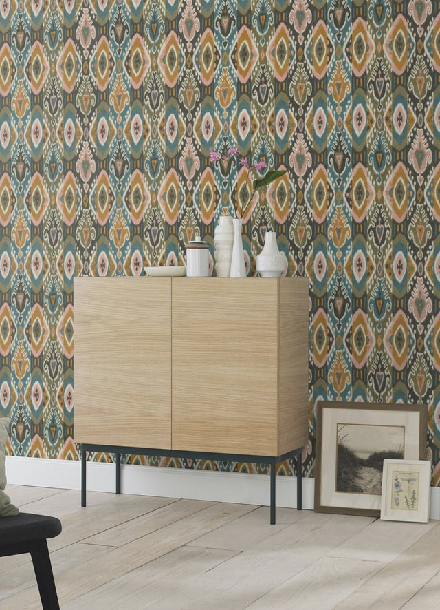 Villon Mustard Ikat Wallpaper with Bohemian Global Pattern - Brewster 2980-560572