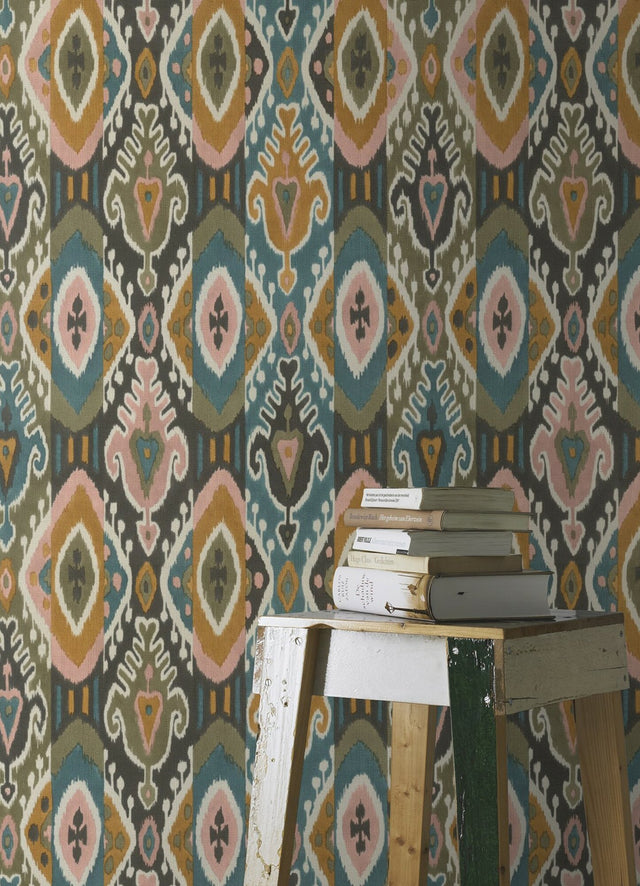 Villon Mustard Ikat Wallpaper with Bohemian Global Pattern - Brewster 2980-560572