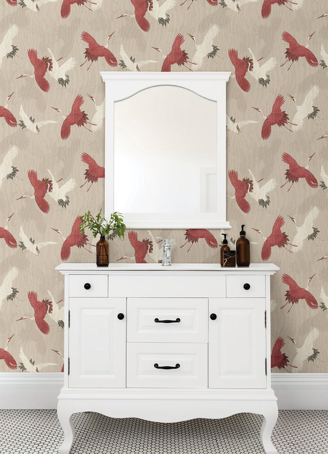 Kusama Neutral Crane Wallpaper with Bohemian Global Birds Pattern - Advantage 2980-560657
