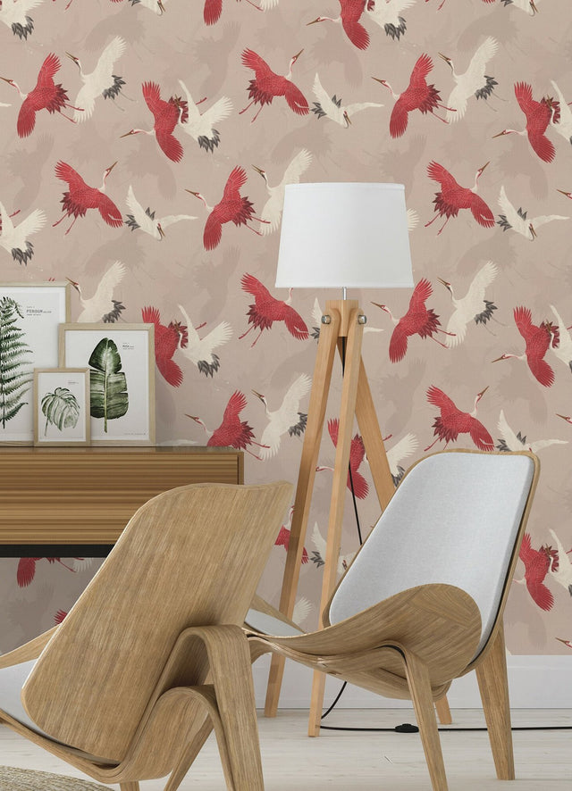 Kusama Neutral Crane Wallpaper with Bohemian Global Birds Pattern - Advantage 2980-560657