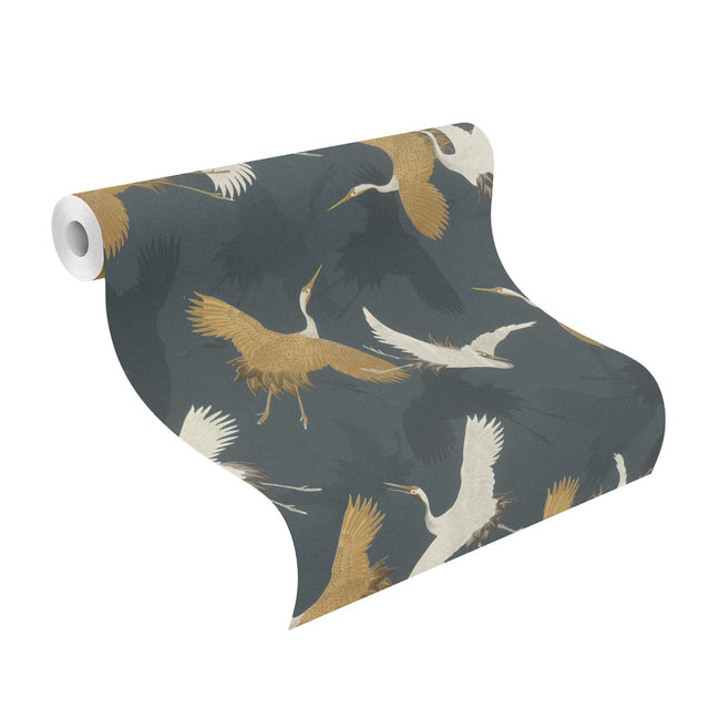 Kusama Dark Blue Crane Wallpaper with Global Bohemian Bird Motif - 2980-560664