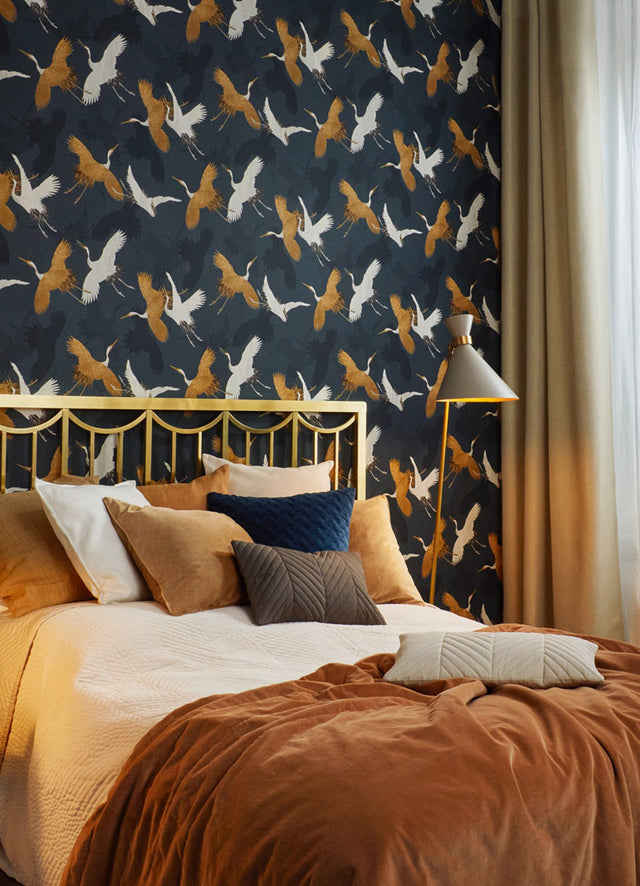 Kusama Dark Blue Crane Wallpaper with Global Bohemian Bird Motif - 2980-560664
