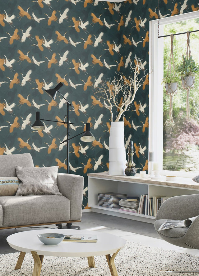 Kusama Dark Blue Crane Wallpaper with Global Bohemian Bird Motif - 2980-560664