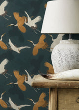 Kusama Dark Blue Crane Wallpaper with Global Bohemian Bird Motif - 2980-560664