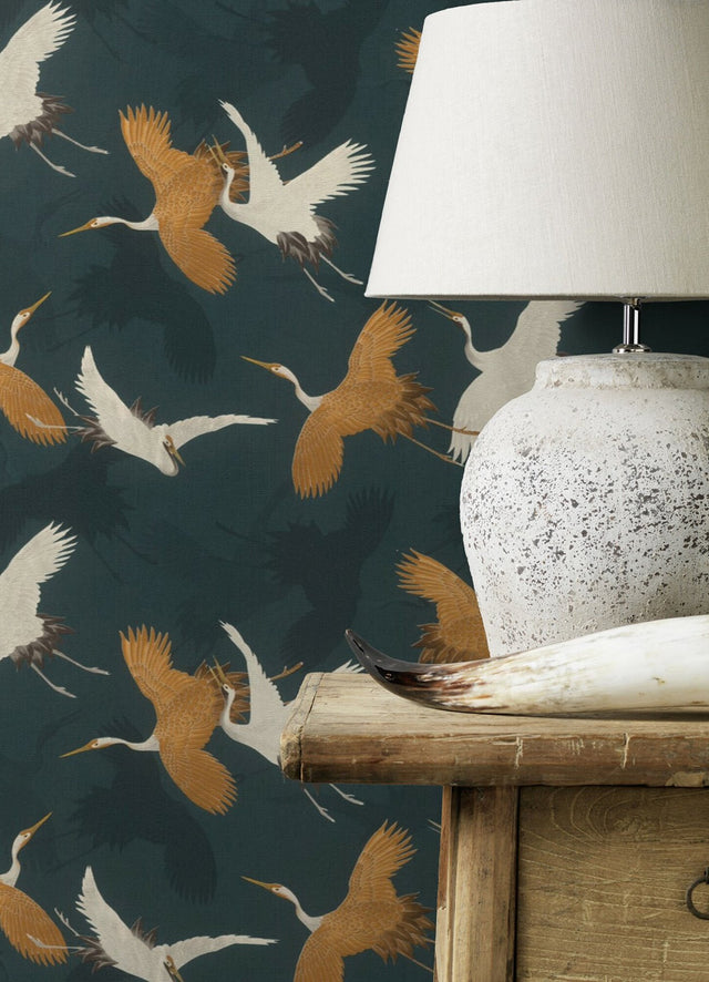 Kusama Dark Blue Crane Wallpaper with Global Bohemian Bird Motif - 2980-560664