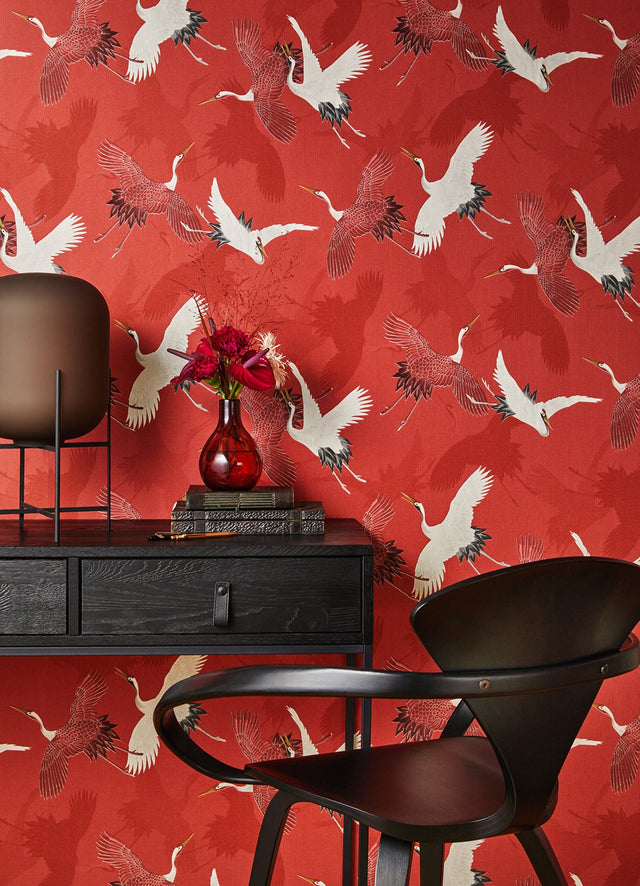 Kusama Red Crane Textured Wallpaper with Birds Motif - Advantage 2980-560671
