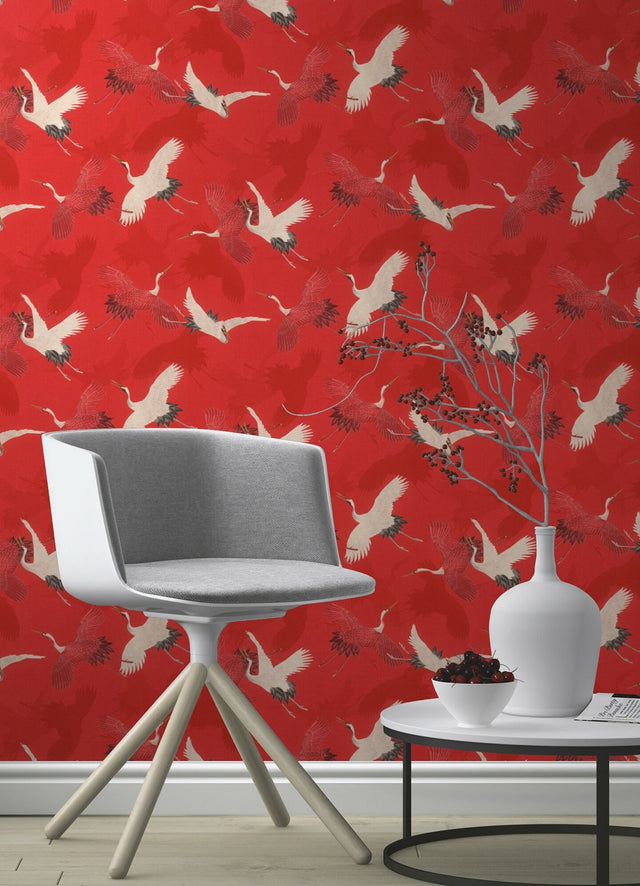 Kusama Red Crane Textured Wallpaper with Birds Motif - Advantage 2980-560671