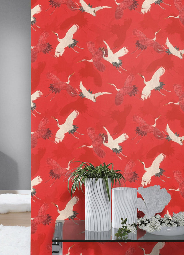 Kusama Red Crane Textured Wallpaper with Birds Motif - Advantage 2980-560671