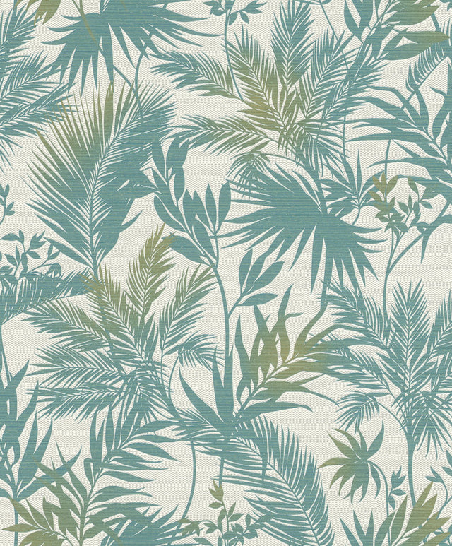Saura Teal Frond Wallpaper with Tropical Botanical Leaf Pattern, Raised Ink Textured - Advantage 2980-704112