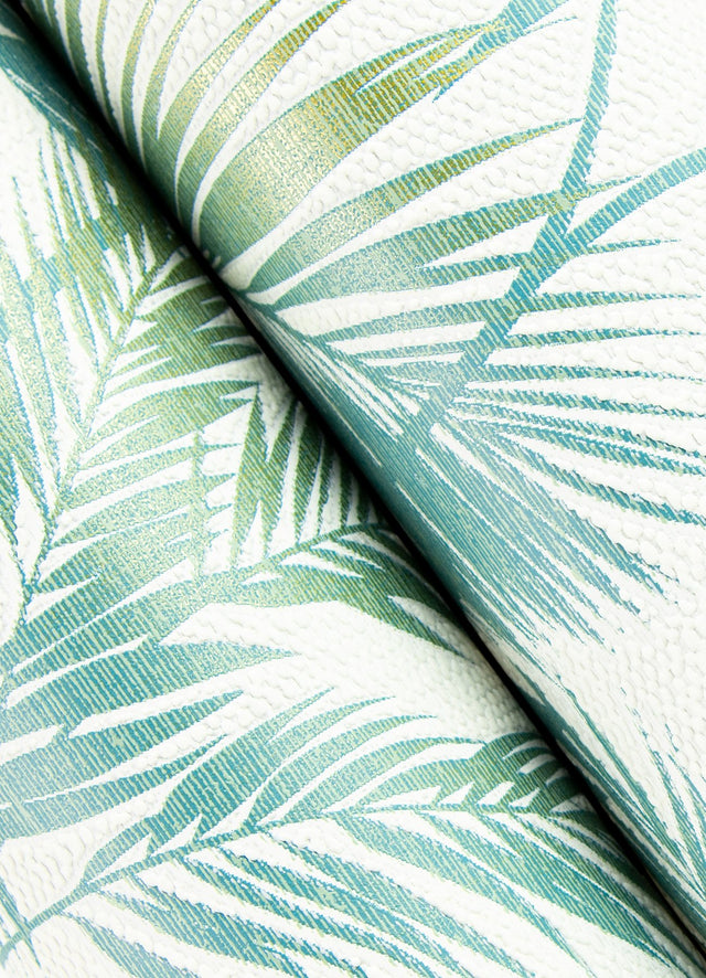Saura Teal Frond Wallpaper with Tropical Botanical Leaf Pattern, Raised Ink Textured - Advantage 2980-704112