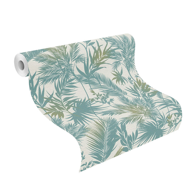 Saura Teal Frond Wallpaper with Tropical Botanical Leaf Pattern, Raised Ink Textured - Advantage 2980-704112