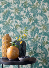 Saura Teal Frond Wallpaper with Tropical Botanical Leaf Pattern, Raised Ink Textured - Advantage 2980-704112