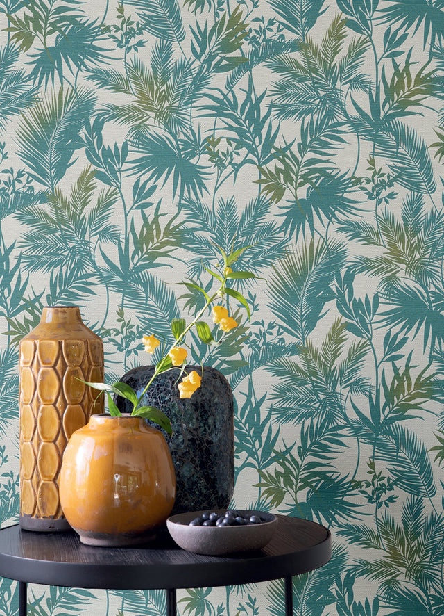Saura Teal Frond Wallpaper with Tropical Botanical Leaf Pattern, Raised Ink Textured - Advantage 2980-704112