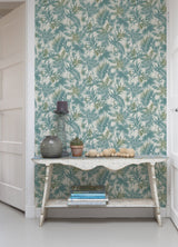 Saura Teal Frond Wallpaper with Tropical Botanical Leaf Pattern, Raised Ink Textured - Advantage 2980-704112