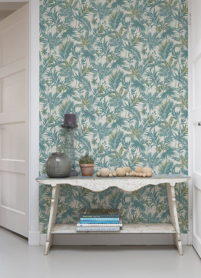 Saura Teal Frond Wallpaper with Tropical Botanical Leaf Pattern, Raised Ink Textured - Advantage 2980-704112