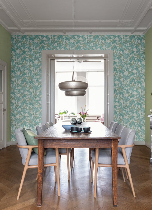 Saura Teal Frond Wallpaper with Tropical Botanical Leaf Pattern, Raised Ink Textured - Advantage 2980-704112