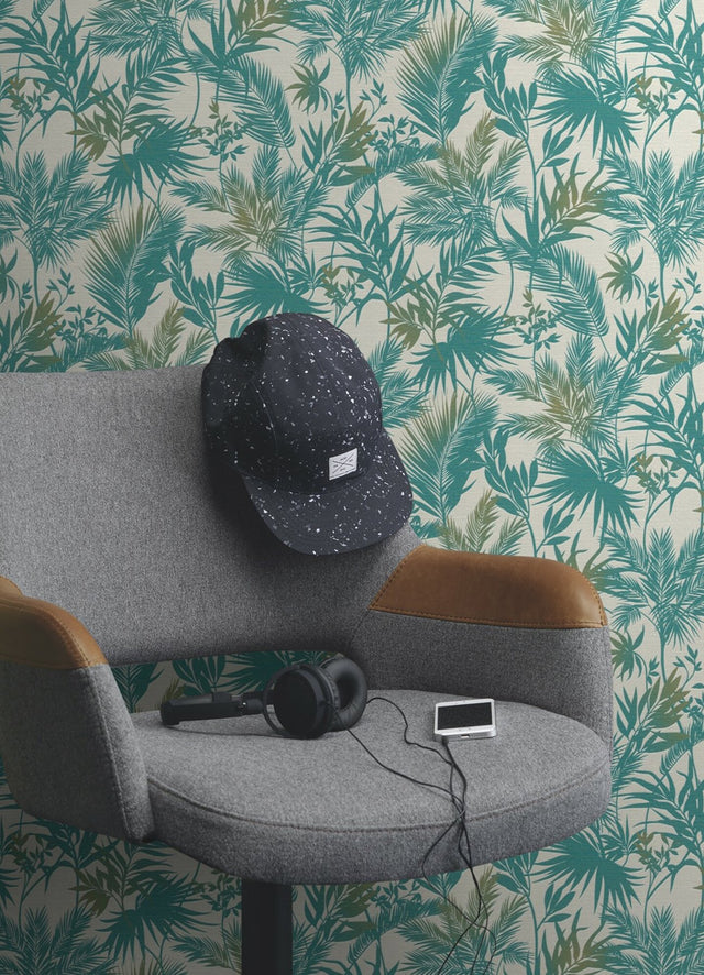 Saura Teal Frond Wallpaper with Tropical Botanical Leaf Pattern, Raised Ink Textured - Advantage 2980-704112